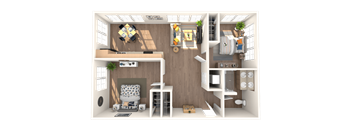 A 3D rendered image of a small apartment layout.