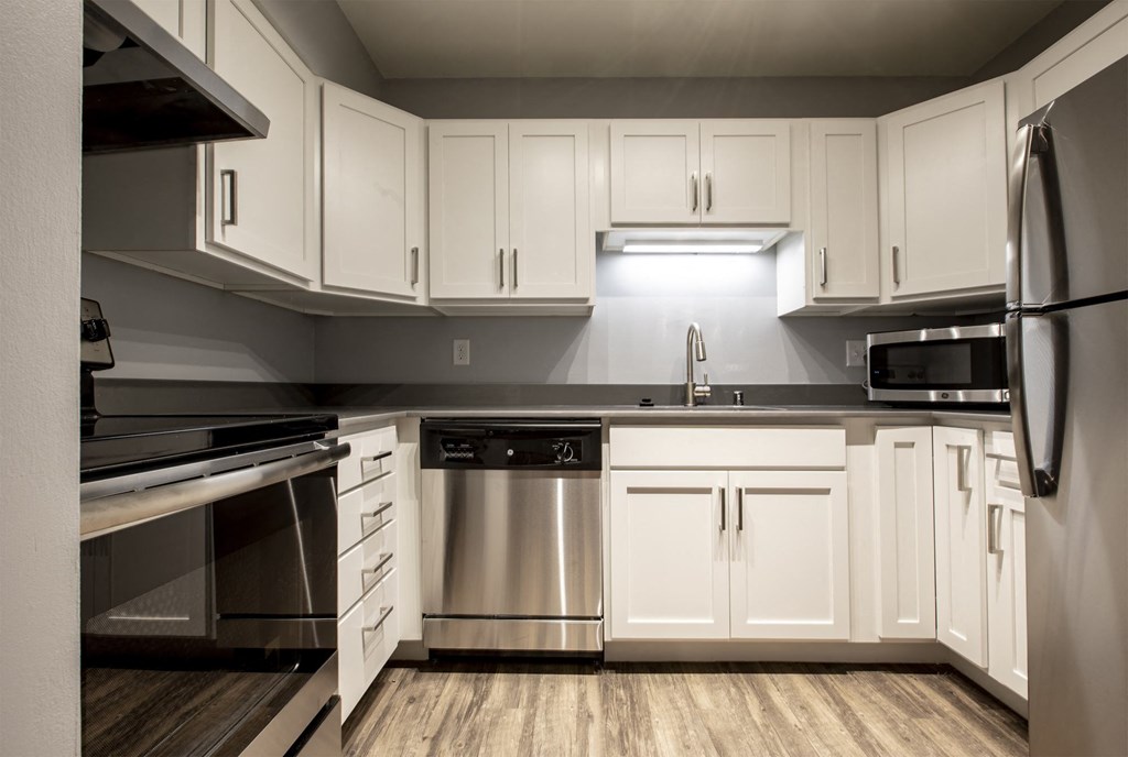updated kitchen with stainless steel appliances and counter tops