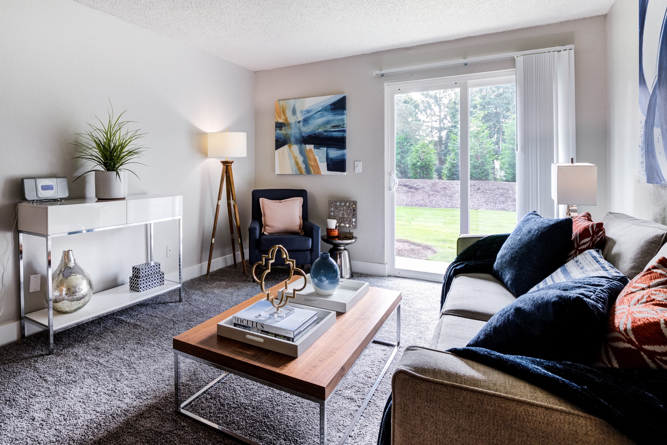 a living room with a couch and a coffee table