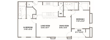 A floor plan of a house with three bedrooms, a living room, a dining room, and a deck.