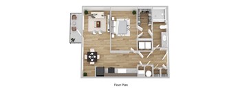 A floor plan of a house with a living room, dining room, kitchen, and bathroom.