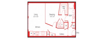 A red floor plan of a house with a living room, kitchen, sleeping area, bathroom, and gallery.