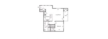 A floor plan of a home with a living room, kitchen, bathroom and bedroom.