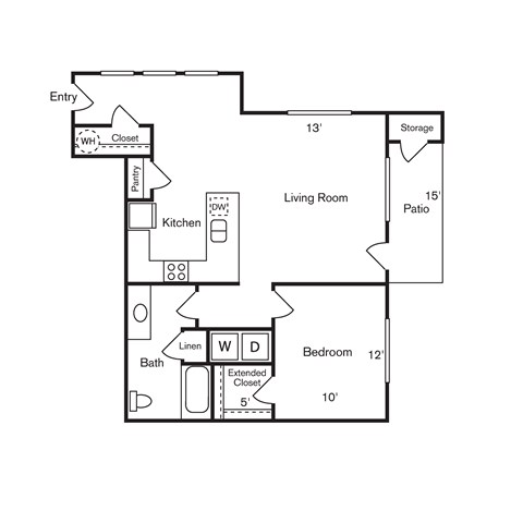 A floor plan of a home with a living room, kitchen, bathroom and bedroom.