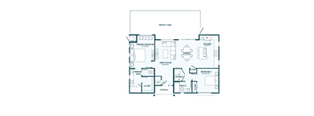 A floor plan of a house with a kitchen, two bedrooms, a bathroom, and a great room.