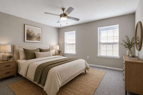 Spacious primary bedroom at Lancaster Place Apartments in Calera, Alabama featuring large windows, neutral finishes, and abundant natural light.