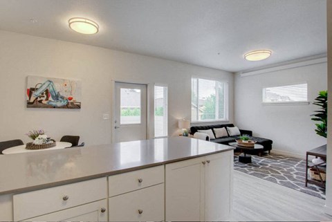 a kitchen with a counter top in front of a living room