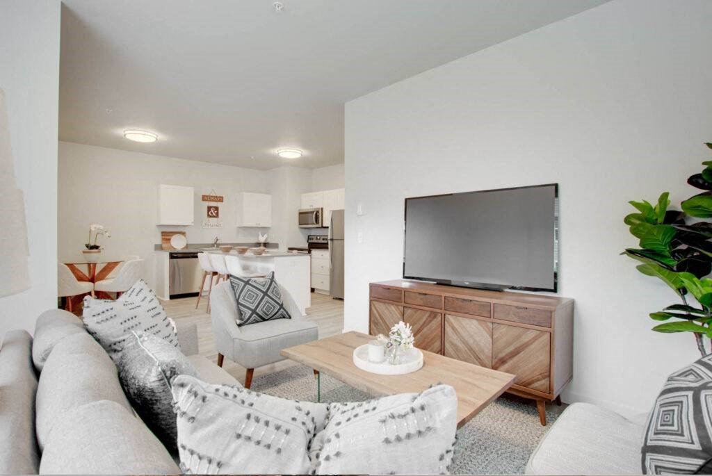 a living room with a couch and a television