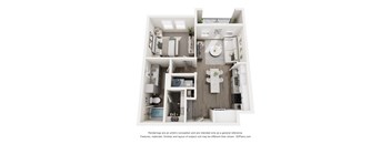A 3D floor plan of a small apartment with a kitchen, living room, and bathroom.