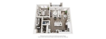 A 3D floor plan of a house with a kitchen, living room, and bathroom.