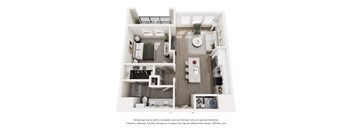 A 3D floor plan of a small apartment with a kitchen, living room, and bathroom.