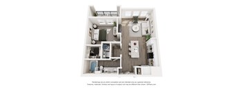 A 3D floor plan of a small apartment with a kitchen, living room, and bathroom.