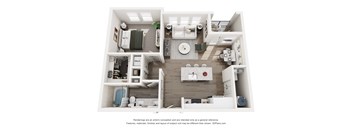 A 3D floor plan of a small apartment with a kitchen, living room, and bathroom.