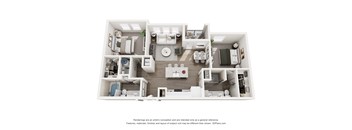 A 3D floor plan of a house with a kitchen, living room, and two bedrooms.