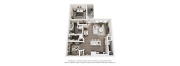 A 3D floor plan of a house with a kitchen, living room, dining room, and bathroom.