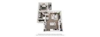 A 3D floor plan of a small apartment with a kitchen, living room, and bathroom.