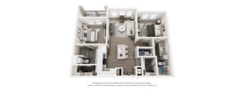 A 3D floor plan of a small apartment with a kitchen, living room, and bathroom.