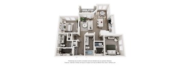 A 3D floor plan of a house with a kitchen, living room, and bathrooms.