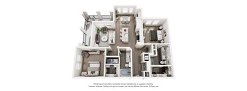 A 3D floor plan of a house with a kitchen, living room, and bathroom.