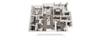 A 3D floor plan of a house with a kitchen, living room, and two bedrooms.