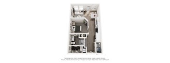 A 3D floor plan of a small apartment with a kitchen, living room, and bathroom.