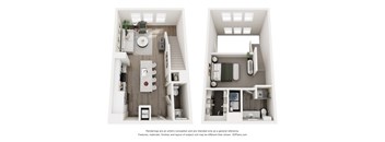 A 3D floor plan of a small apartment with a kitchen, living room, and bathroom.