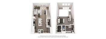 Two images of a small apartment with a kitchen, living room, and bathroom.
