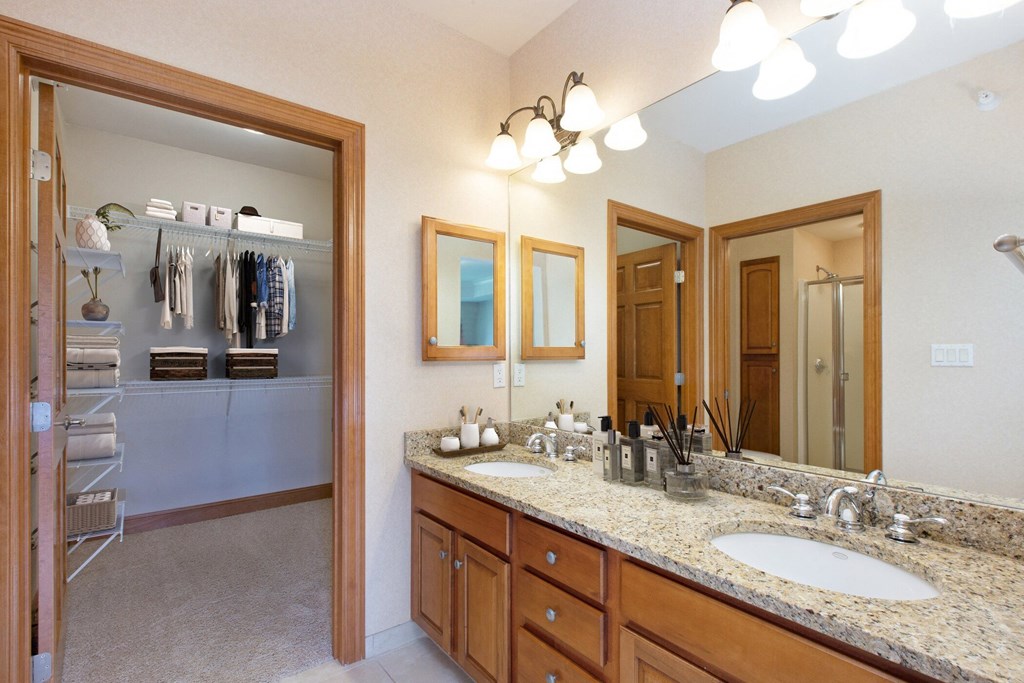 Laurel East End Apartments in Golden Valley, MN photo of a master bathroom with a double vanity and a large mirror