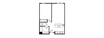 A black and white image of a floor plan with a kitchen, living room, and bathroom.