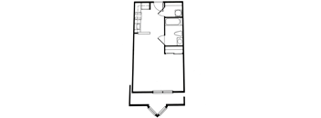 A black and white image of a floor plan with a kitchen, living room, and two bedrooms.