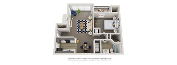 A floor plan of a house with a kitchen, living room, dining room, and bathroom.