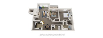 A 3D floor plan of a house with a kitchen, living room, dining room, and bathrooms.