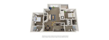 A 3D floor plan of a house with a kitchen, living room, and two bedrooms.