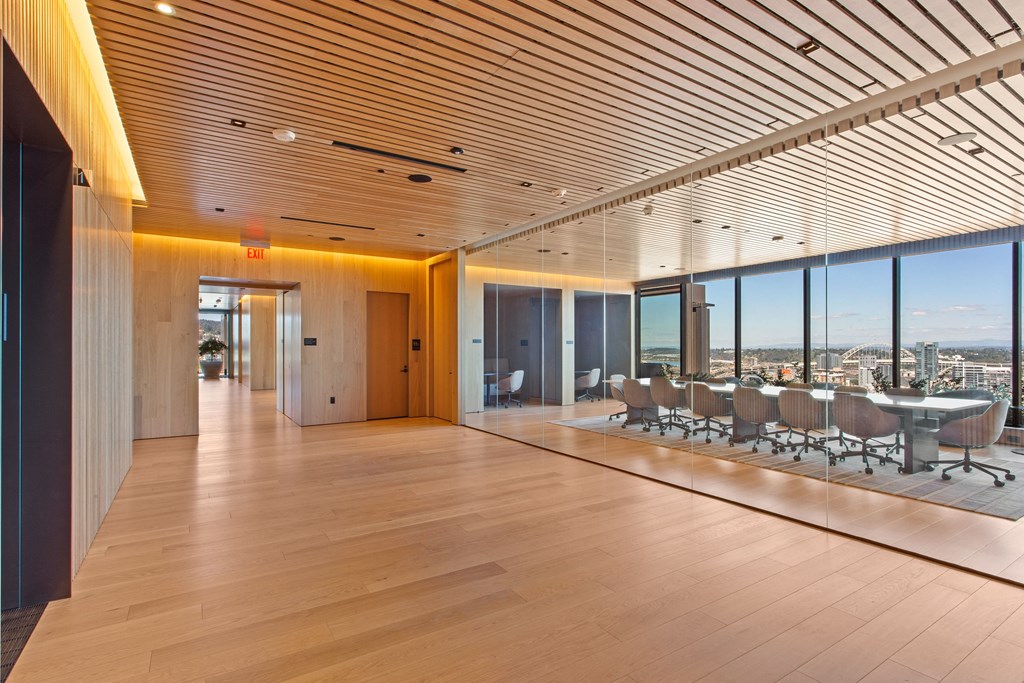 a large open room with a table and chairs