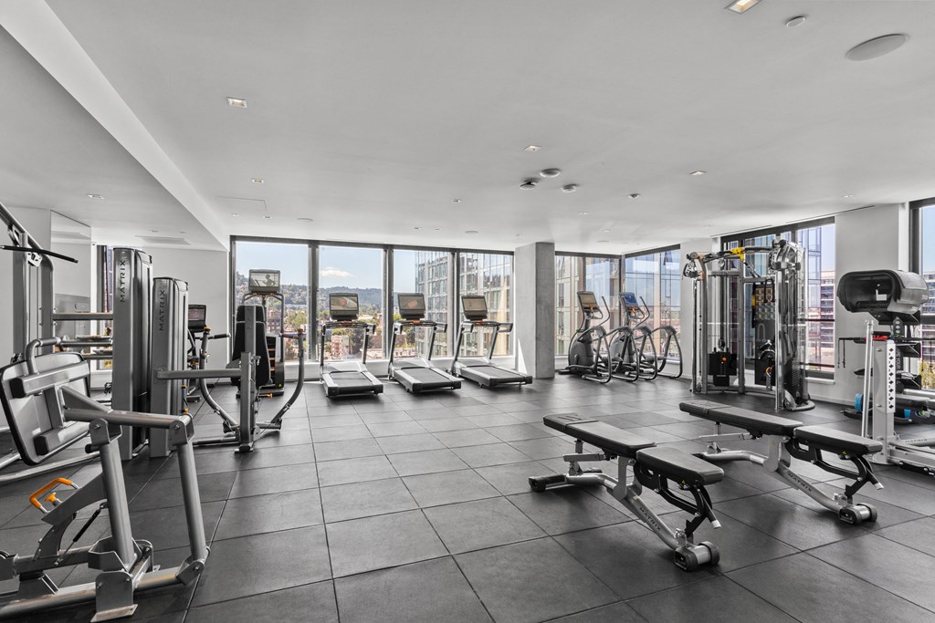 a gym with cardio equipment and a view of the city