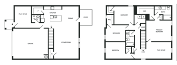 Two black and white floor plans of a house with labeled rooms.