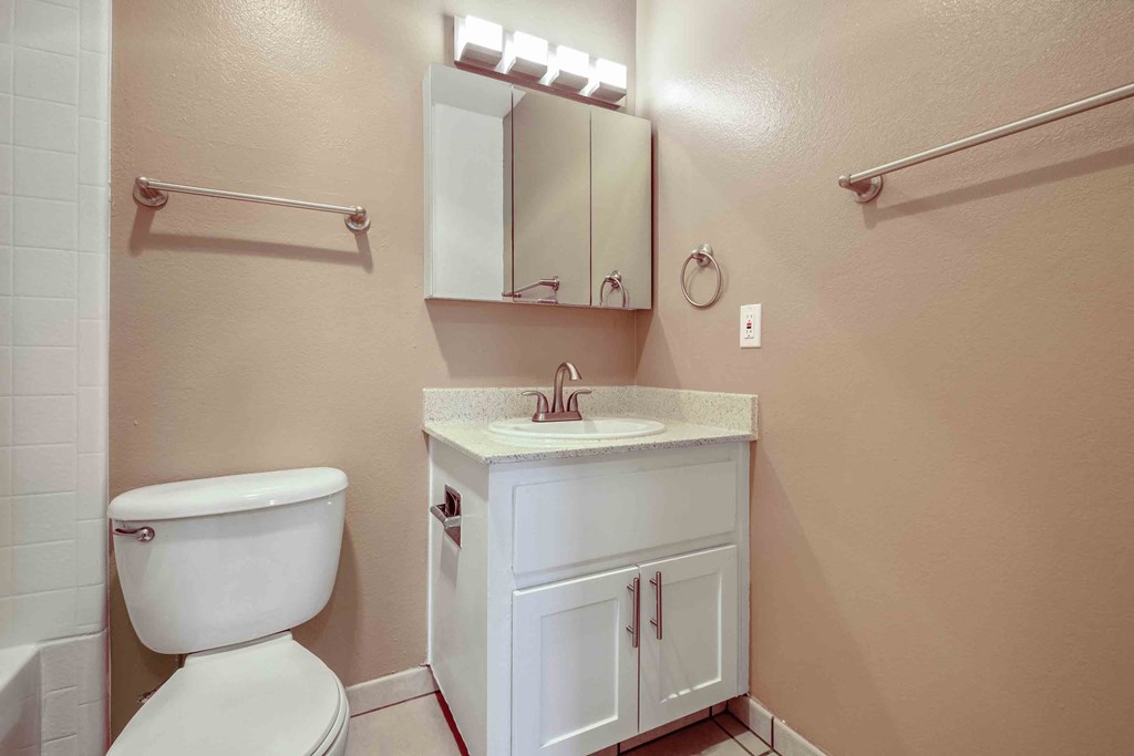 Pet Friendly Apartments in Fremont CA - Lincoln Glen - Bathroom With A Single Sink Vanity, White Cabinetry, And A Towel Rack