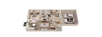A 3D floor plan of a house with a car parked in the garage.
