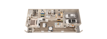 A top-down view of a well-furnished living space with a kitchen, dining area, and a car parked in the driveway.