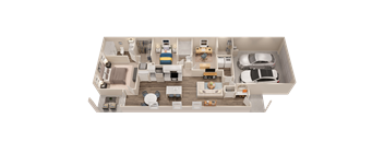 A 3D floor plan of a house with a kitchen, living room, dining room, and bedrooms.