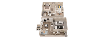 A 3D floor plan of a two-story house with a garage.