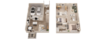 A top down view of a two-bedroom apartment with a living room, kitchen, and bathroom.