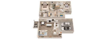 A 3D floor plan of a two-story residential building.