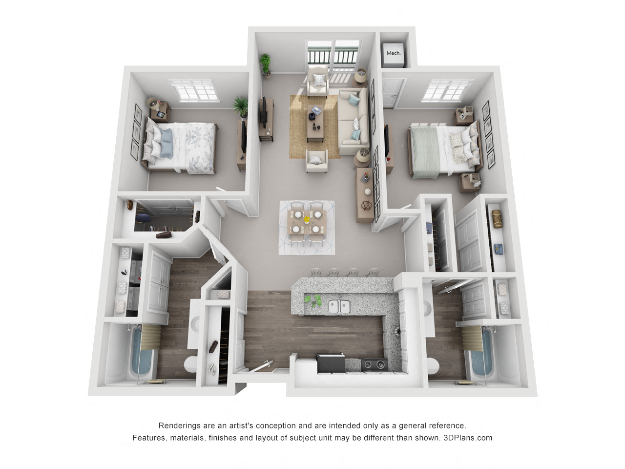 2 Bed - 2 Bath |1142 sq ft Two Bed | Two Bath floor plan
