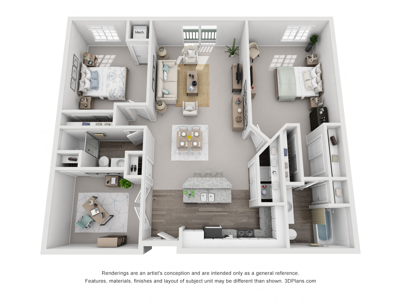 2 Bed - 2 Bath |1271 sq ft Two Bed | Two Bath | Den floor plan