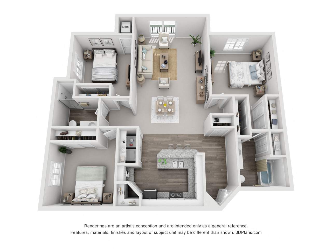 3 Bed - 2 Bath |1404 sq ft Three Bed | Two Bath floor plan