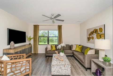 A living room with a television, two couches, and a coffee table.