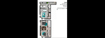 a floor plan of two bedrooms with one bathroom and a hallway with two sofas
