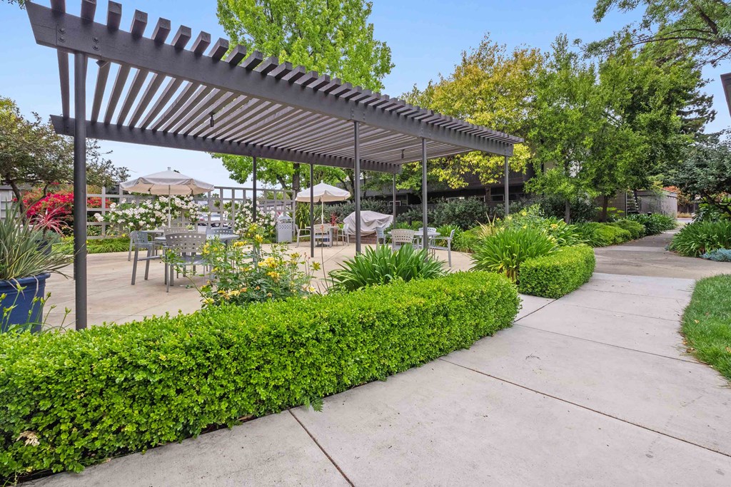 Fremont Apartments - Logan Park - Grill Area with Pergola, Tables, Chairs, Umbrellas, Trees, and BBQs