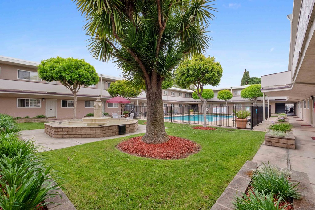 Two Bedroom Apartments In San Lorenzo, CA - Lorenzo Commons - Large Open Courtyard With Grass, Trees, A Water Fountain, A Table, Chairs, An Umbrella, And Direct Access To The Fenced In Pool Area